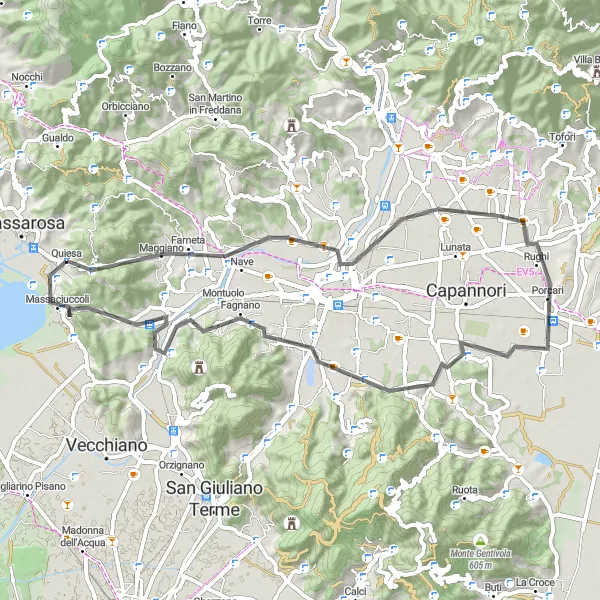 Mapa miniatúra "Jazda okolo Massarosy: Zážitková cesta cez Monte Cocco a Monte dei Venti" cyklistická inšpirácia v Toscana, Italy. Vygenerované cyklistickým plánovačom trás Tarmacs.app