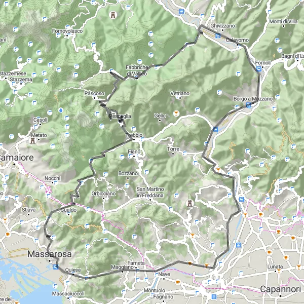 Miniaturní mapa "Okruh kolem Massarosy a okolí" inspirace pro cyklisty v oblasti Toscana, Italy. Vytvořeno pomocí plánovače tras Tarmacs.app