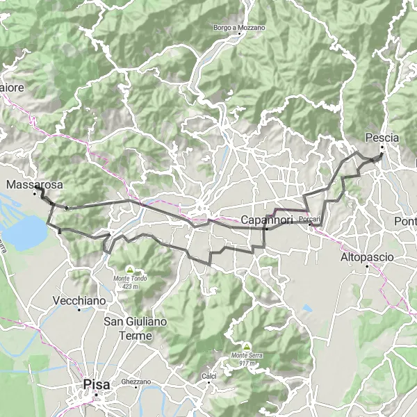 Karten-Miniaturansicht der Radinspiration "Monte Cocco - Ripafratta - Porcari - Torretta di Porcari - Pescia - Torre Guinigi - Lucca - Monte dei Frati - Compignano" in Toscana, Italy. Erstellt vom Tarmacs.app-Routenplaner für Radtouren