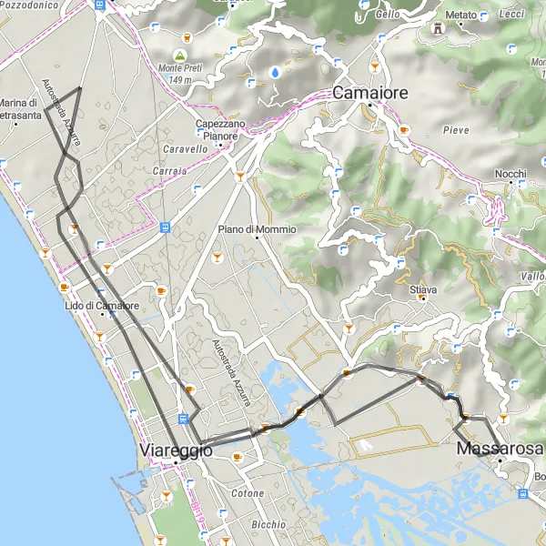 Miniature de la carte de l'inspiration cycliste "Tour sur la côte toscane" dans la Toscana, Italy. Générée par le planificateur d'itinéraire cycliste Tarmacs.app