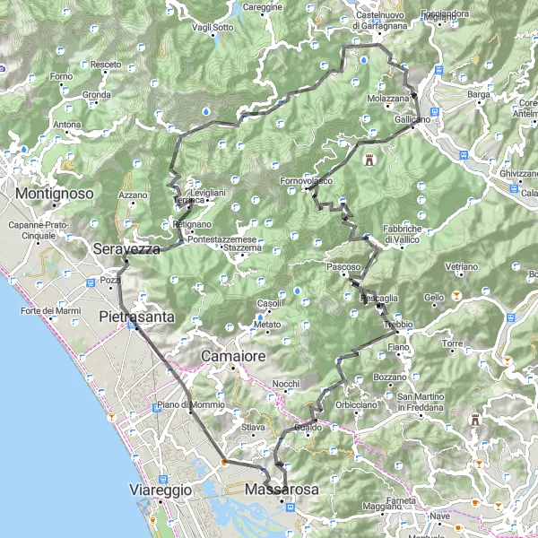 Map miniature of "Challenging Summits and Historic Towns" cycling inspiration in Toscana, Italy. Generated by Tarmacs.app cycling route planner