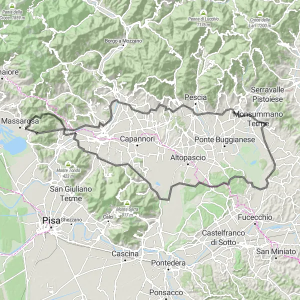 Miniatura della mappa di ispirazione al ciclismo "Tra le colline lucchesi e pistoiesi: da San Macario in Piano a Compignano" nella regione di Toscana, Italy. Generata da Tarmacs.app, pianificatore di rotte ciclistiche