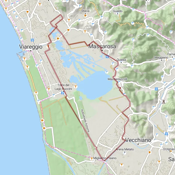 Map miniature of "Migliarino Gravel Loop" cycling inspiration in Toscana, Italy. Generated by Tarmacs.app cycling route planner