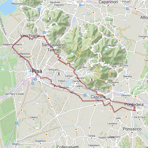 Zemljevid v pomanjšavi "Gorska avantura okoli Migliarino" kolesarske inspiracije v Toscana, Italy. Generirano z načrtovalcem kolesarskih poti Tarmacs.app