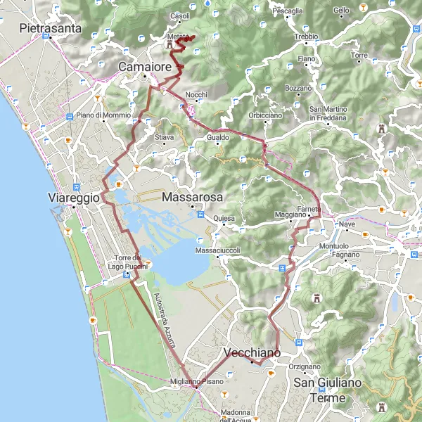 Miniaturní mapa "Gravel Bikování kolem Migliarino" inspirace pro cyklisty v oblasti Toscana, Italy. Vytvořeno pomocí plánovače tras Tarmacs.app
