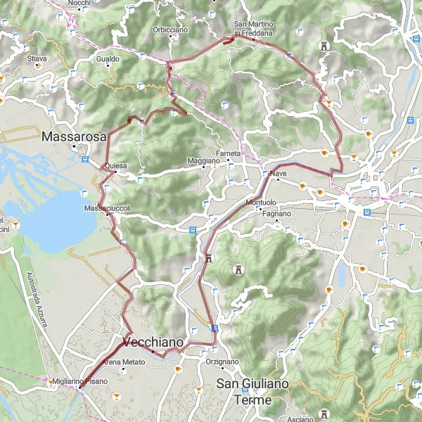 Map miniature of "Massaciuccoli Gravel Ride" cycling inspiration in Toscana, Italy. Generated by Tarmacs.app cycling route planner