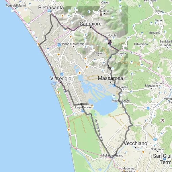 Karttaminiaatyyri "Viareggio Circuit" pyöräilyinspiraatiosta alueella Toscana, Italy. Luotu Tarmacs.app pyöräilyreittisuunnittelijalla