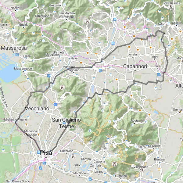 Zemljevid v pomanjšavi "Kolesarjenje po cestah blizu Migliarina (Toscana, Italija)" kolesarske inspiracije v Toscana, Italy. Generirano z načrtovalcem kolesarskih poti Tarmacs.app