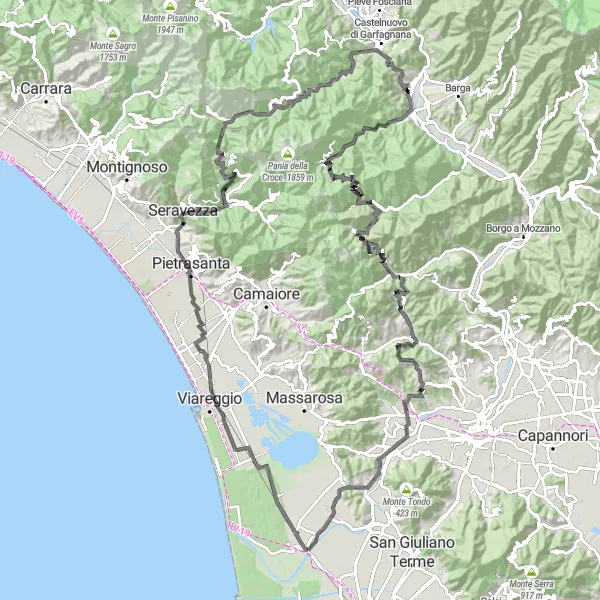 Mapa miniatúra "Výzva okolo jezera" cyklistická inšpirácia v Toscana, Italy. Vygenerované cyklistickým plánovačom trás Tarmacs.app