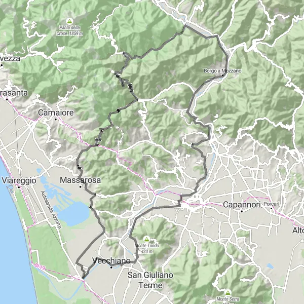 Miniatua del mapa de inspiración ciclista "Ruta de ciclismo de carretera Fabbriche di Vallico - Migliarino Pisano" en Toscana, Italy. Generado por Tarmacs.app planificador de rutas ciclistas