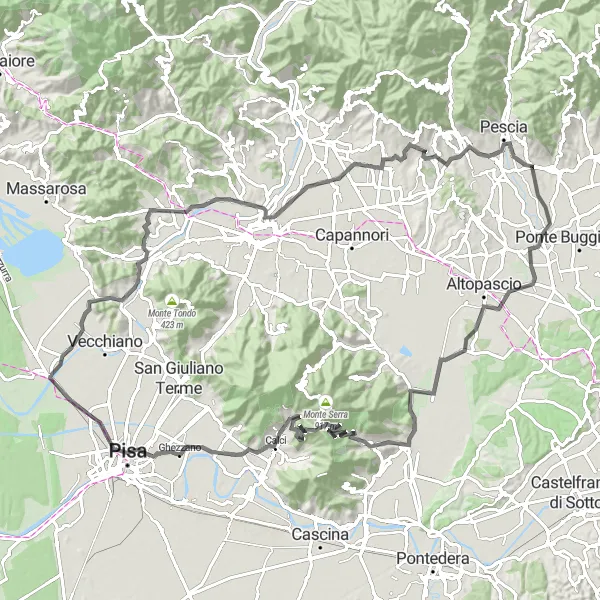Miniatua del mapa de inspiración ciclista "Ruta de ciclismo de carretera Nodica - Migliarino Pisano" en Toscana, Italy. Generado por Tarmacs.app planificador de rutas ciclistas