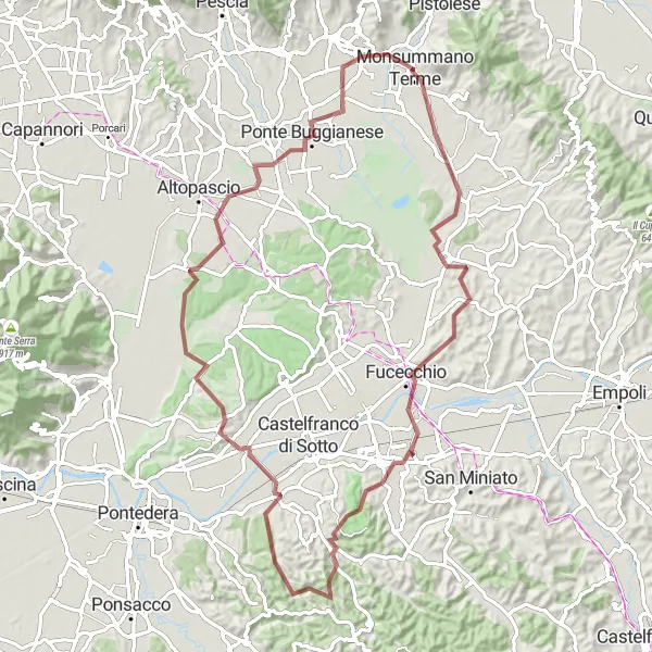 Miniatuurkaart van de fietsinspiratie "Gravelroute van Monsummano Terme naar Grotta Parlanti" in Toscana, Italy. Gemaakt door de Tarmacs.app fietsrouteplanner