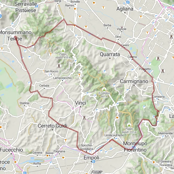 Map miniature of "Monsummano Terme to Grotta Giusti Round-trip" cycling inspiration in Toscana, Italy. Generated by Tarmacs.app cycling route planner