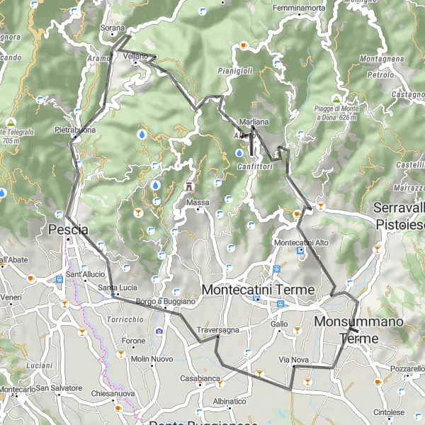Miniatua del mapa de inspiración ciclista "Ruta panorámica por las colinas toscanas en carretera" en Toscana, Italy. Generado por Tarmacs.app planificador de rutas ciclistas