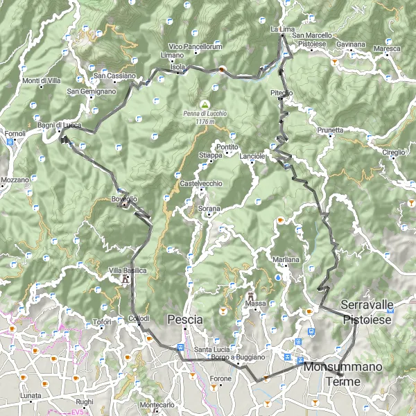 Kartminiatyr av "100 km fra Montecatini Terme til Serravalle Pistoiese" sykkelinspirasjon i Toscana, Italy. Generert av Tarmacs.app sykkelrutoplanlegger