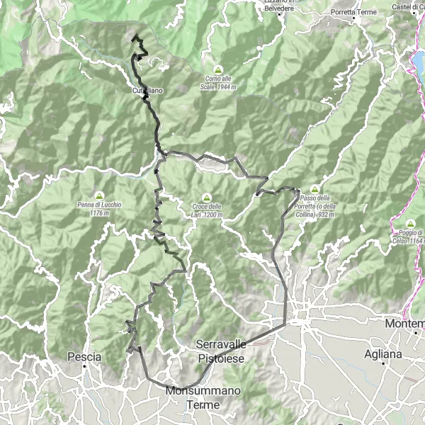Zemljevid v pomanjšavi "Raziščite Pistojo in okolico" kolesarske inspiracije v Toscana, Italy. Generirano z načrtovalcem kolesarskih poti Tarmacs.app