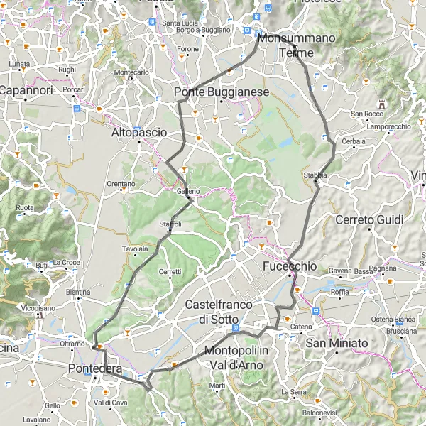 Miniature de la carte de l'inspiration cycliste "Circuit cycliste à Fucecchio et Chiesina Uzzanese" dans la Toscana, Italy. Générée par le planificateur d'itinéraire cycliste Tarmacs.app