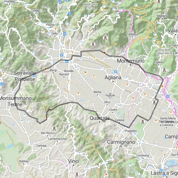 Mapa miniatúra "Cyklotúra cez Pistoia a Montemurlo" cyklistická inšpirácia v Toscana, Italy. Vygenerované cyklistickým plánovačom trás Tarmacs.app