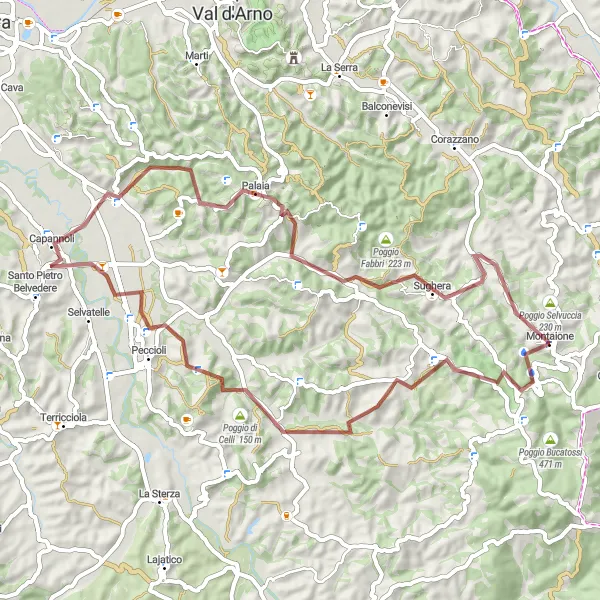 Map miniature of "Exploring the Valdera Region on Gravel Roads" cycling inspiration in Toscana, Italy. Generated by Tarmacs.app cycling route planner