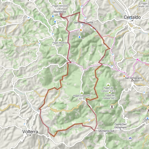 Miniatura della mappa di ispirazione al ciclismo "Giro Gravel attraverso i colli di Montaione" nella regione di Toscana, Italy. Generata da Tarmacs.app, pianificatore di rotte ciclistiche