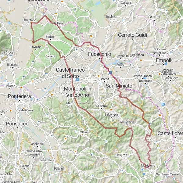 Miniatura della mappa di ispirazione al ciclismo "Esplora i Poggi toscani in bicicletta" nella regione di Toscana, Italy. Generata da Tarmacs.app, pianificatore di rotte ciclistiche