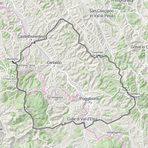 Miniatura della mappa di ispirazione al ciclismo "Percorso Stradale Castellina in Chianti" nella regione di Toscana, Italy. Generata da Tarmacs.app, pianificatore di rotte ciclistiche