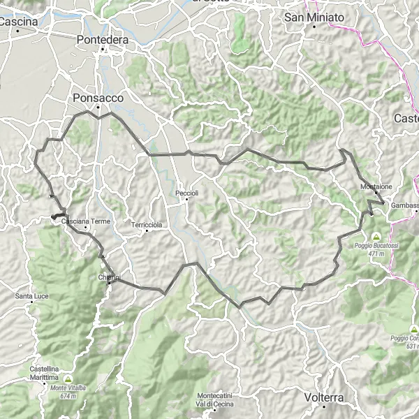 Zemljevid v pomanjšavi "Raziščite čare toskanske pokrajine" kolesarske inspiracije v Toscana, Italy. Generirano z načrtovalcem kolesarskih poti Tarmacs.app