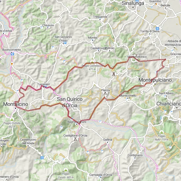 Miniatura della mappa di ispirazione al ciclismo "Giro in Gravel da Montalcino" nella regione di Toscana, Italy. Generata da Tarmacs.app, pianificatore di rotte ciclistiche