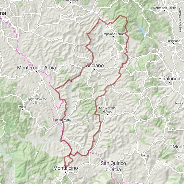 Miniatura della mappa di ispirazione al ciclismo "La Strada del Gravel di Montalcino" nella regione di Toscana, Italy. Generata da Tarmacs.app, pianificatore di rotte ciclistiche