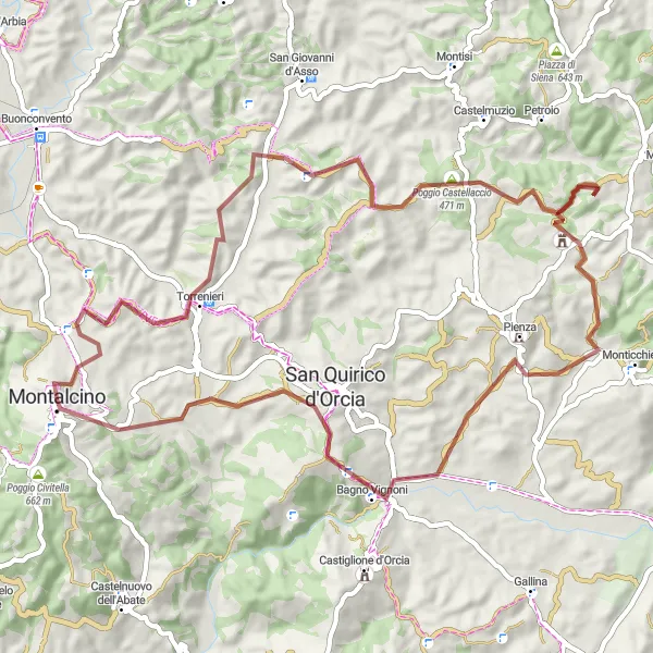 Miniatura della mappa di ispirazione al ciclismo "Montalcino - Pienza - Montalcino" nella regione di Toscana, Italy. Generata da Tarmacs.app, pianificatore di rotte ciclistiche