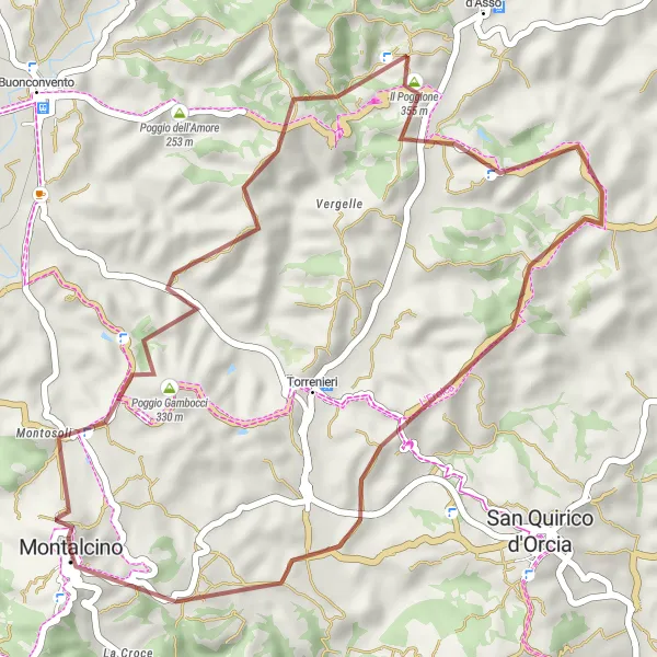 Miniatuurkaart van de fietsinspiratie "Montalcino - Montosoli - Poggio Saltarello - Lucignano d'Asso - Montalcino" in Toscana, Italy. Gemaakt door de Tarmacs.app fietsrouteplanner