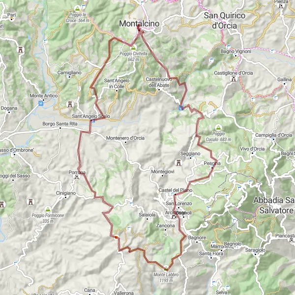 Miniatura della mappa di ispirazione al ciclismo "Montalcino - Monte Amiata Scalo Loop" nella regione di Toscana, Italy. Generata da Tarmacs.app, pianificatore di rotte ciclistiche