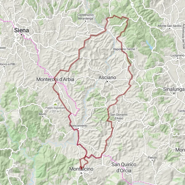 Mapa miniatúra "Vyvážený gervl cyklotur do Montalcina" cyklistická inšpirácia v Toscana, Italy. Vygenerované cyklistickým plánovačom trás Tarmacs.app