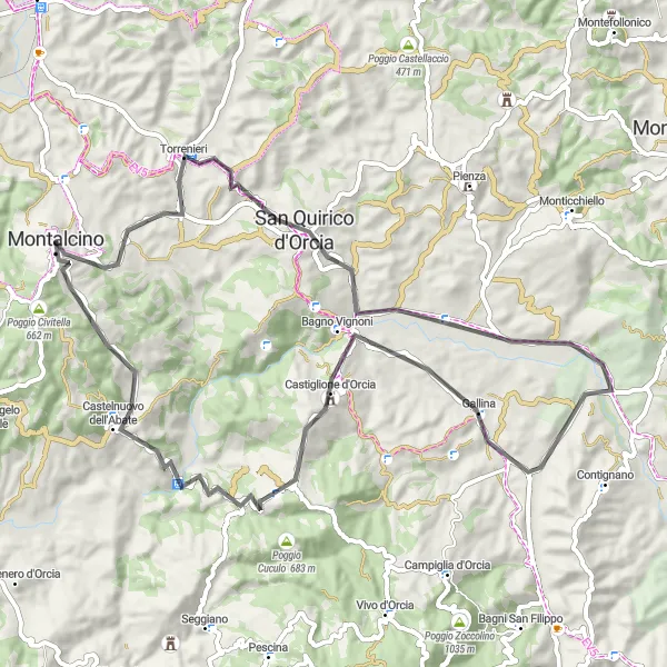 Miniaturní mapa "Historická cesta skrz kopce a údolí" inspirace pro cyklisty v oblasti Toscana, Italy. Vytvořeno pomocí plánovače tras Tarmacs.app