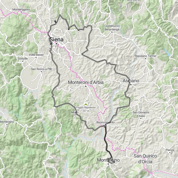 Miniatua del mapa de inspiración ciclista "Gran recorrido por Poggio Bianco y Asciano" en Toscana, Italy. Generado por Tarmacs.app planificador de rutas ciclistas