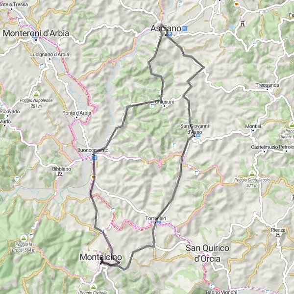 Miniaturekort af cykelinspirationen "Udforskning af Montalcino-området" i Toscana, Italy. Genereret af Tarmacs.app cykelruteplanlægger