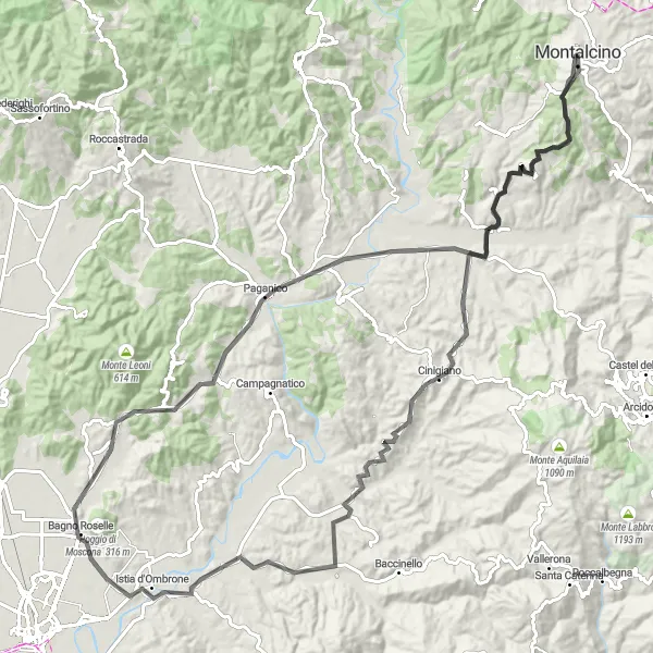 Mapa miniatúra "Okruh cez Poggio Civitella, Cinigiano a Batignano" cyklistická inšpirácia v Toscana, Italy. Vygenerované cyklistickým plánovačom trás Tarmacs.app