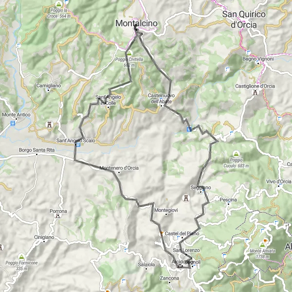 Miniatua del mapa de inspiración ciclista "Recorrido por Castelnuovo dell'Abate y Montenero d'Orcia" en Toscana, Italy. Generado por Tarmacs.app planificador de rutas ciclistas