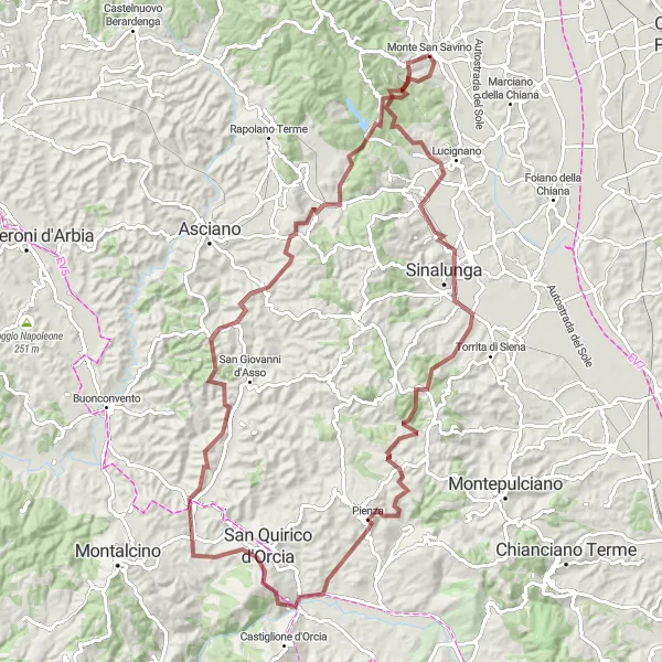 Miniatura della mappa di ispirazione al ciclismo "Esplorazione ciclistica da Monte San Savino a San Quirico d'Orcia" nella regione di Toscana, Italy. Generata da Tarmacs.app, pianificatore di rotte ciclistiche