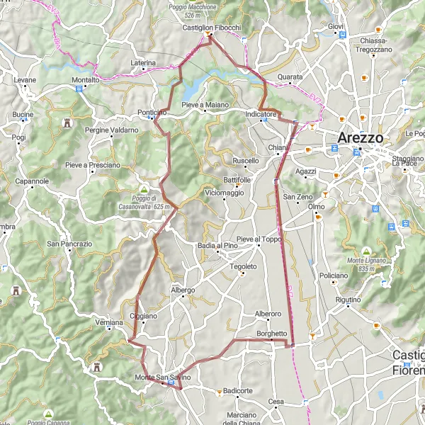 Miniatura della mappa di ispirazione al ciclismo "Avventuroso tour in bicicletta tra Ciggiano e Monte San Savino" nella regione di Toscana, Italy. Generata da Tarmacs.app, pianificatore di rotte ciclistiche