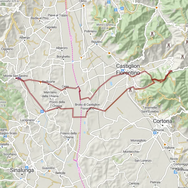 Mapa miniatúra "Gravel Grind around Monte San Savino" cyklistická inšpirácia v Toscana, Italy. Vygenerované cyklistickým plánovačom trás Tarmacs.app