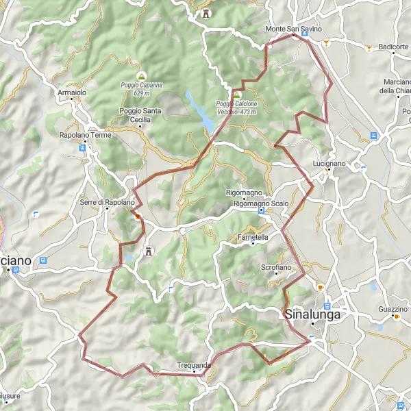 Miniatua del mapa de inspiración ciclista "Vuelta a Trequanda por Scrofiano" en Toscana, Italy. Generado por Tarmacs.app planificador de rutas ciclistas