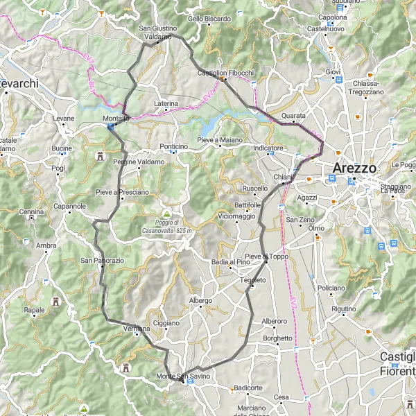 Miniature de la carte de l'inspiration cycliste "Tour de Monte San Savino et ses environs" dans la Toscana, Italy. Générée par le planificateur d'itinéraire cycliste Tarmacs.app