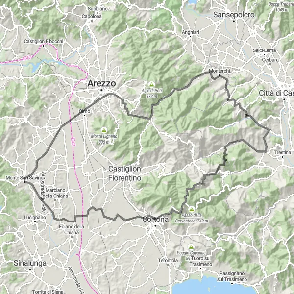 Karttaminiaatyyri "Monte San Savino - Gorgone-Marmorino - Cortona" pyöräilyinspiraatiosta alueella Toscana, Italy. Luotu Tarmacs.app pyöräilyreittisuunnittelijalla