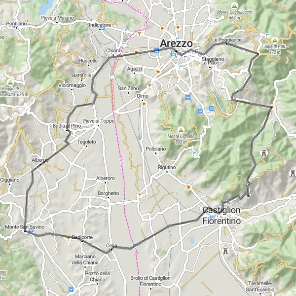 Miniaturní mapa "Trasa Monte San Savino - Castiglion Fiorentino" inspirace pro cyklisty v oblasti Toscana, Italy. Vytvořeno pomocí plánovače tras Tarmacs.app