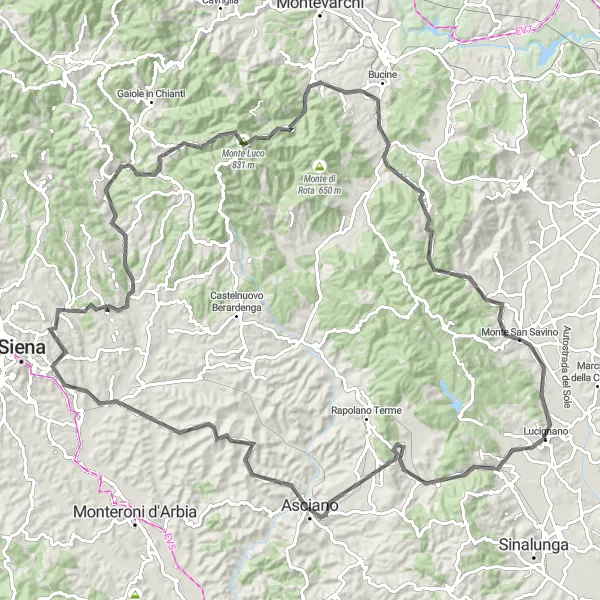 Miniaturní mapa "Road Cycling Adventure near Monte San Savino" inspirace pro cyklisty v oblasti Toscana, Italy. Vytvořeno pomocí plánovače tras Tarmacs.app
