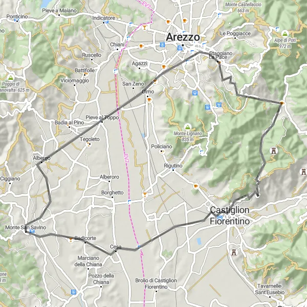 Miniatua del mapa de inspiración ciclista "Ruta a Castiglion Fiorentino por Monte San Savino" en Toscana, Italy. Generado por Tarmacs.app planificador de rutas ciclistas