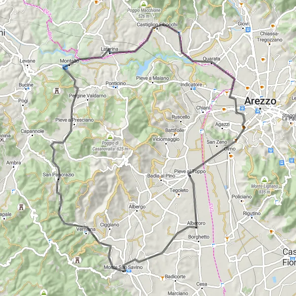 Miniatura della mappa di ispirazione al ciclismo "Giro in bicicletta da Monte San Savino a Castiglion Fibocchi" nella regione di Toscana, Italy. Generata da Tarmacs.app, pianificatore di rotte ciclistiche