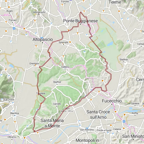 Map miniature of "Breathtaking Valdarno Gravel Ride" cycling inspiration in Toscana, Italy. Generated by Tarmacs.app cycling route planner