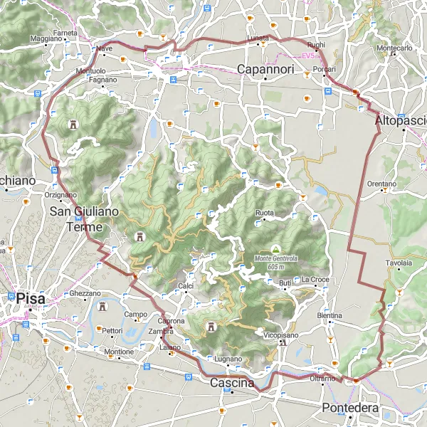 Karttaminiaatyyri "Gravel-seikkailu Montecalvolista" pyöräilyinspiraatiosta alueella Toscana, Italy. Luotu Tarmacs.app pyöräilyreittisuunnittelijalla